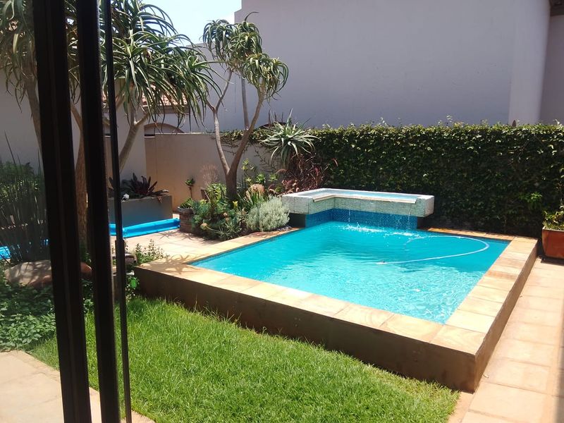 A well-maintained outdoor pool area featuring a raised swimming pool with an integrated water feature, surrounded by landscaped garden beds and a boundary wall.