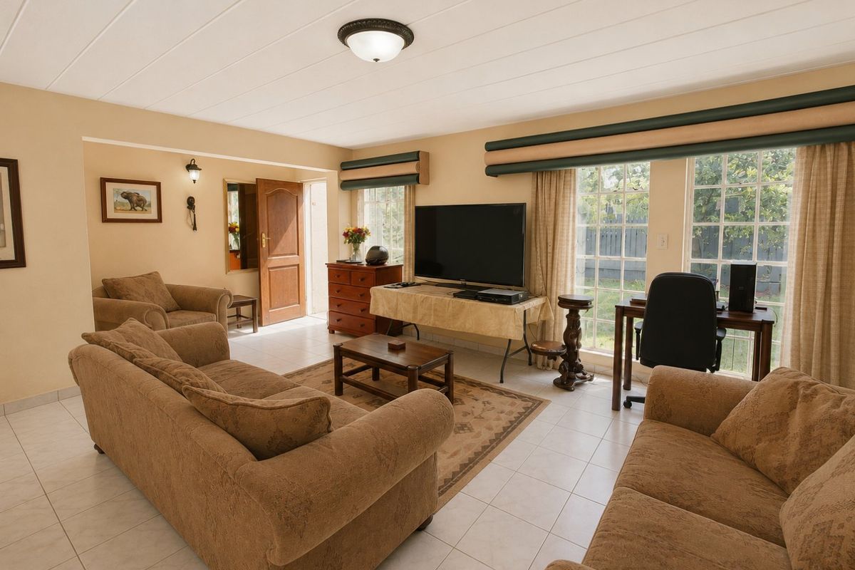 A spacious living room featuring tiled flooring, a paneled ceiling, and large windows that provide ample natural light.
