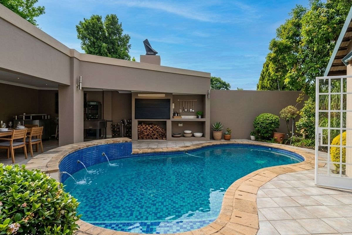 Outdoor entertainment area featuring a swimming pool with water features and a covered patio with a built-in braai.