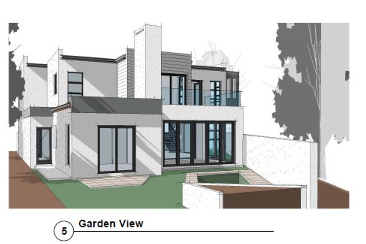 Architectural rendering of the rear elevation featuring a modern two-story design with large sliding glass doors, a balcony, and a paved patio area.