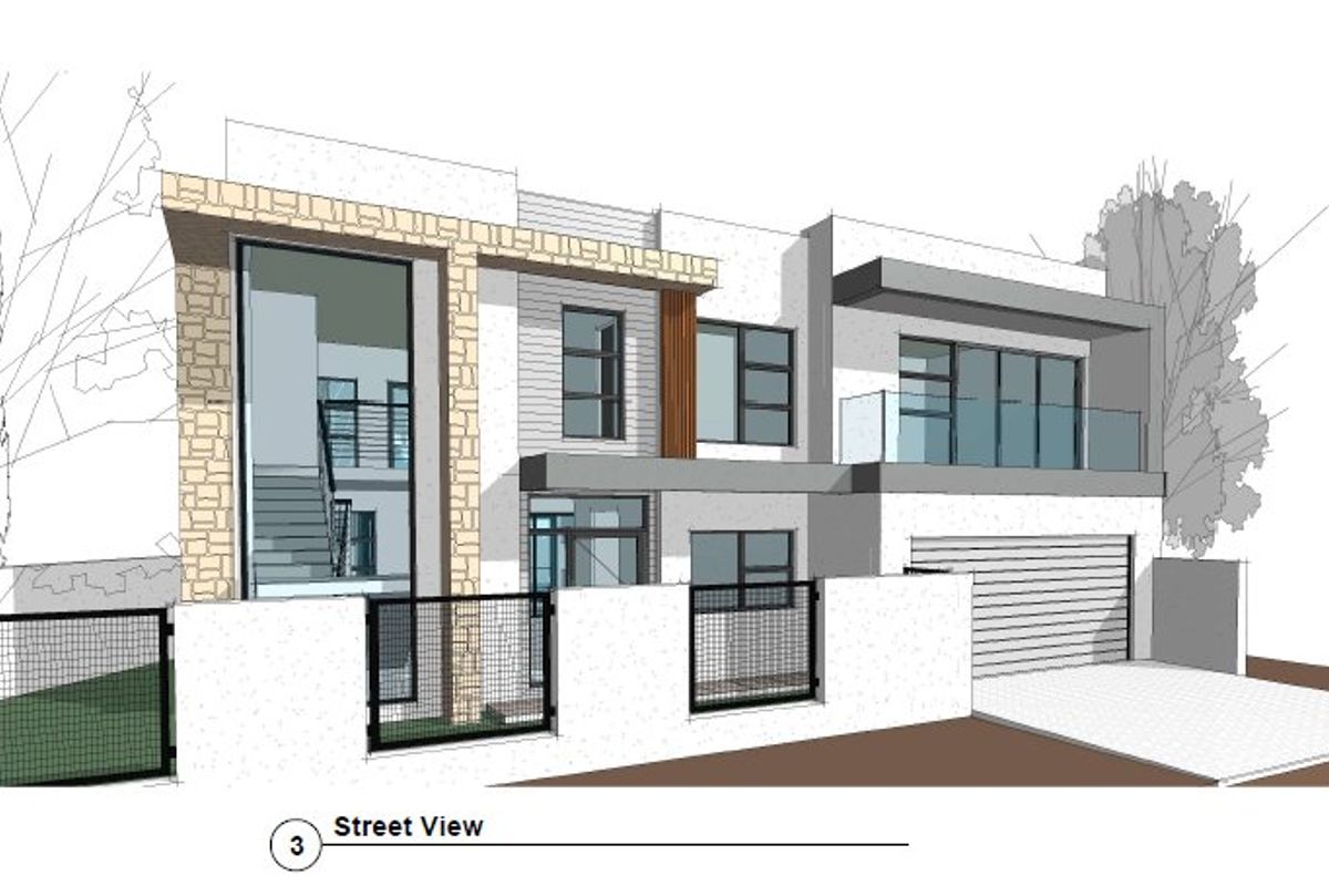 Architectural rendering of a modern two-story residential facade featuring stone accents, glass balcony railings, and a secure garage entrance.
