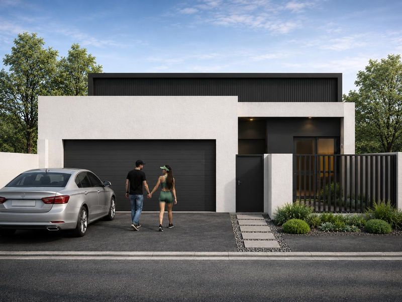 Modern contemporary front facade featuring a double garage, clean architectural lines, secure pedestrian gate, and a paved driveway with landscaped garden beds.