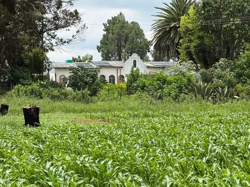 A view of the farm residence featuring a gabled roof, arched windows, and installed solar panels, surrounded by lush greenery and agricultural land.