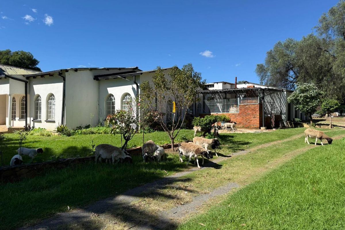 Rear view of the farmhouse featuring white masonry walls, arched windows, and a brick-built pergola structure set within a spacious garden.