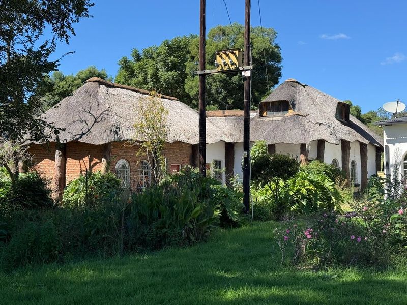 Rear view of a traditional farmhouse featuring a thatched roof, exposed brick and white plaster walls, and arched windows set within a garden.