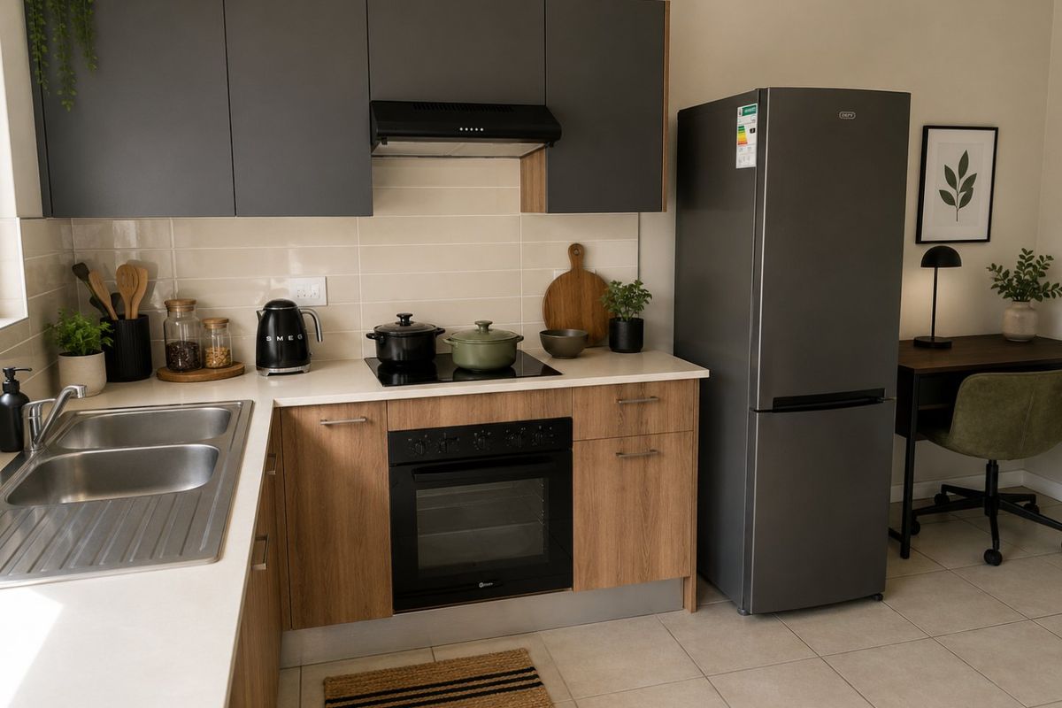 Modern kitchen featuring dark grey upper cabinets, wood-finish lower cabinetry, stone countertops, integrated oven, hob, and extractor fan with a tiled backsplash.
