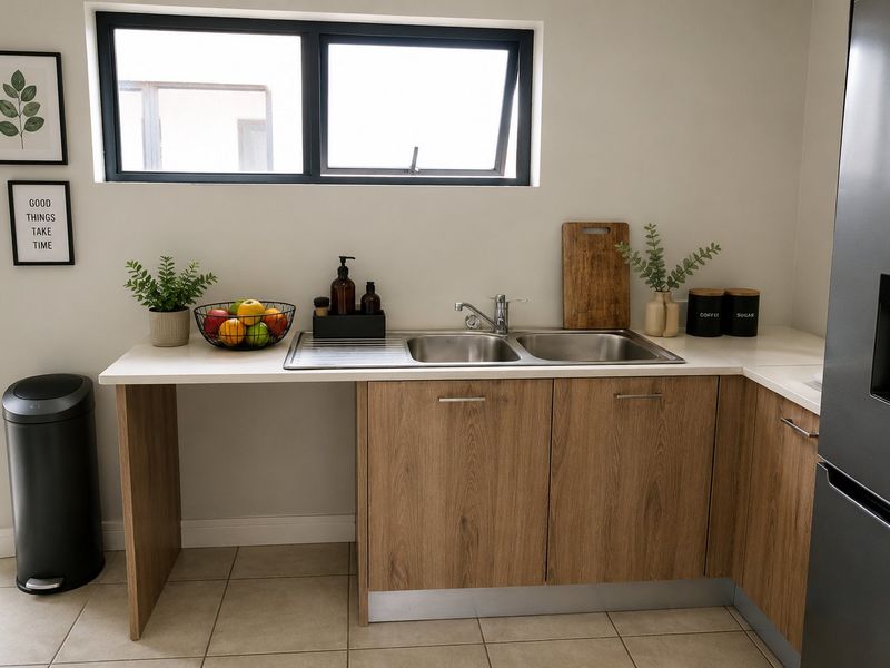A modern kitchen area featuring wood-look cabinetry, a double bowl stainless steel sink, white countertops, and tiled flooring with a window for natural light.