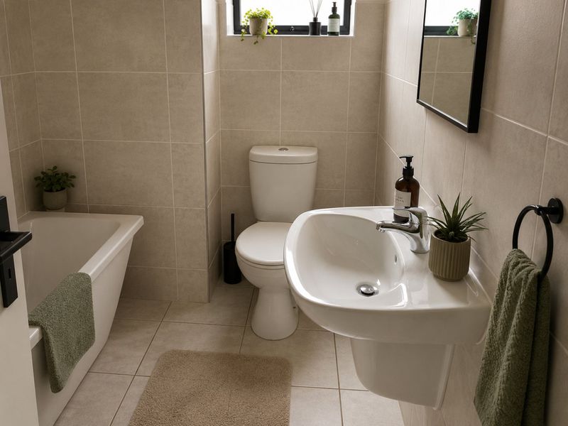 A modern, well-maintained bathroom featuring neutral wall and floor tiles, a pedestal basin, and a bathtub.