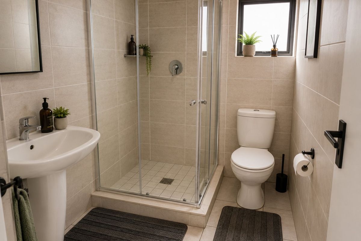 A modern, well-maintained bathroom featuring a pedestal basin, a glass-enclosed shower, and a toilet with neutral wall and floor tiling.