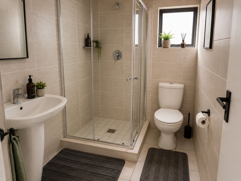 A modern, well-maintained bathroom featuring a pedestal basin, a glass-enclosed shower, and a toilet with neutral wall and floor tiling.