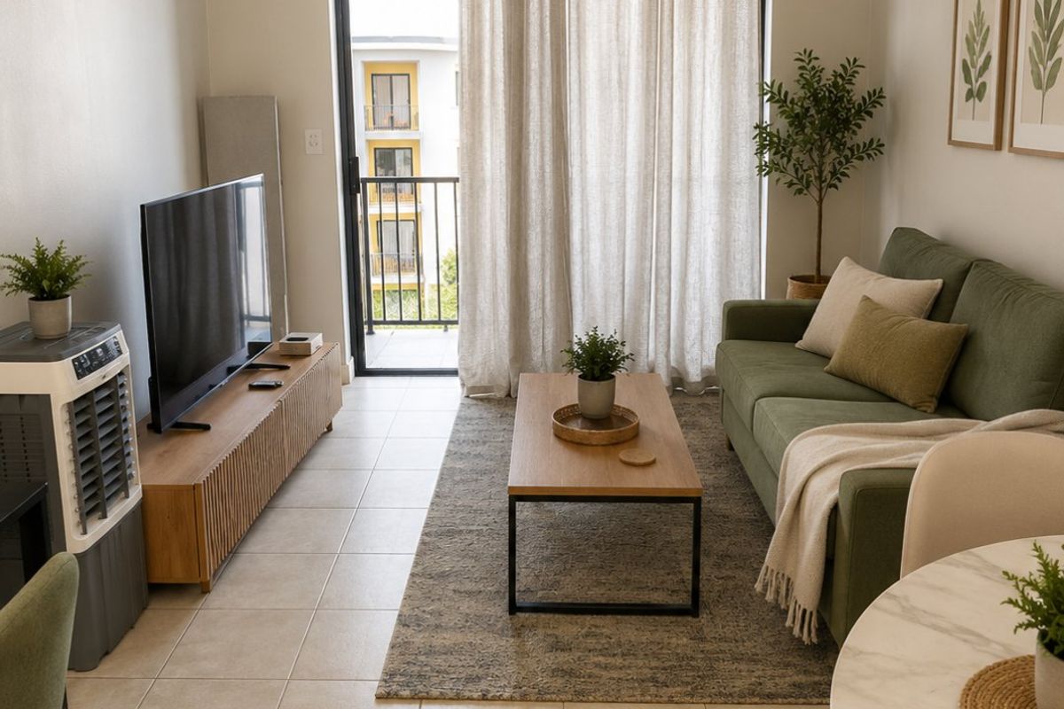 A bright and well-maintained living room featuring neutral tiled flooring, modern pendant lighting, and direct access to a private balcony through a sliding glass door.
