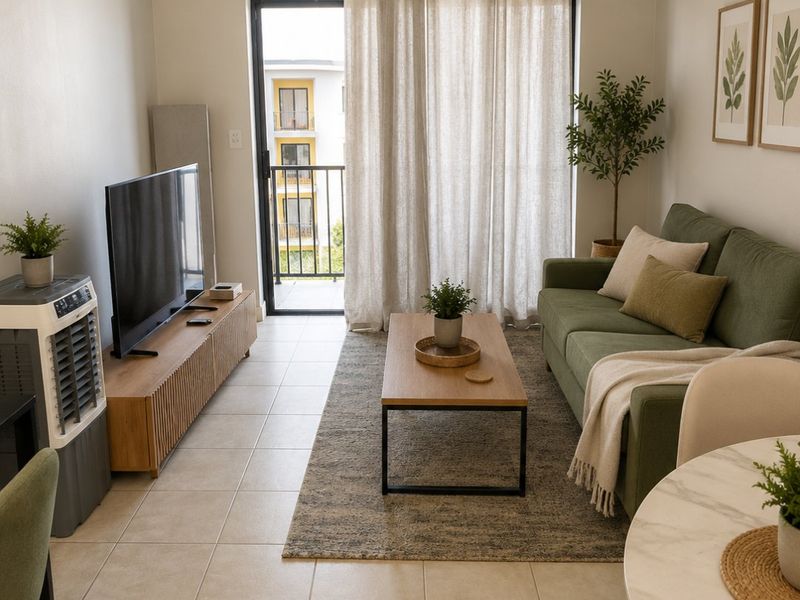 A bright and well-maintained living room featuring neutral tiled flooring, modern pendant lighting, and direct access to a private balcony through a sliding glass door.