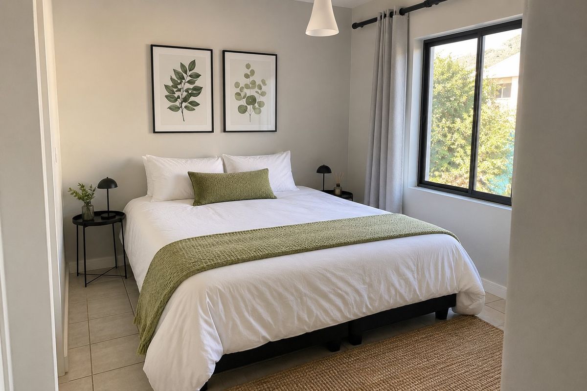 A well-maintained bedroom featuring neutral wall tones, tiled flooring, and a large sliding window that provides natural light.