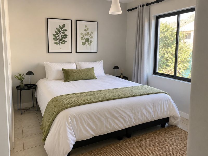 A well-maintained bedroom featuring neutral wall tones, tiled flooring, and a large sliding window that provides natural light.