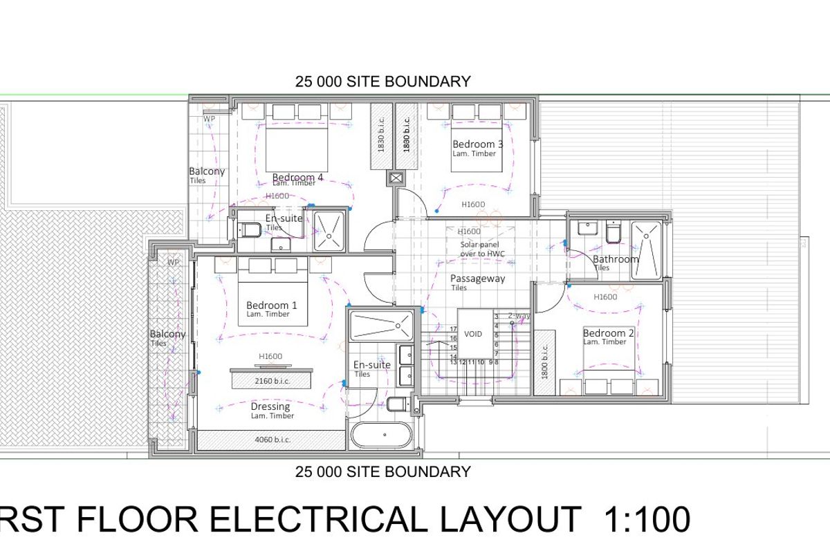 A detailed first-floor electrical layout plan showing the configuration of bedrooms, en-suite bathrooms, dressing area, and balconies.