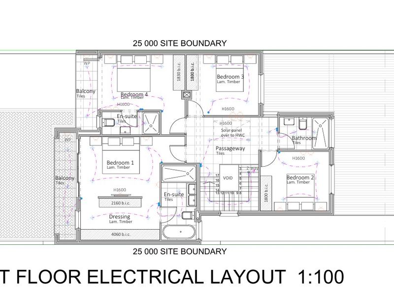 A detailed first-floor electrical layout plan showing the configuration of bedrooms, en-suite bathrooms, dressing area, and balconies.