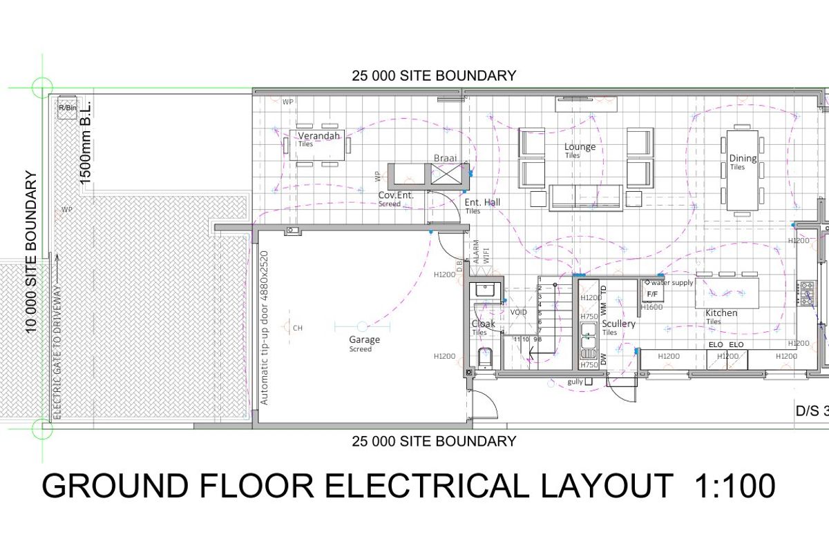 Ground floor electrical layout plan showing the garage, open plan living, dining, kitchen, scullery, and outdoor verandah area.
