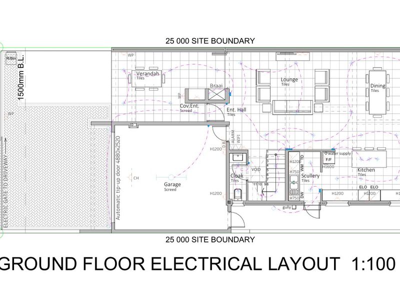 Ground floor electrical layout plan showing the garage, open plan living, dining, kitchen, scullery, and outdoor verandah area.