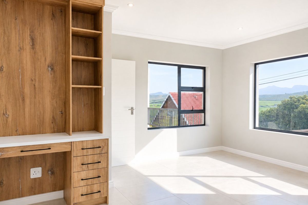 A bright, modern bedroom featuring neutral tiled floors, recessed lighting, and a custom built-in wooden desk with integrated shelving and storage.
