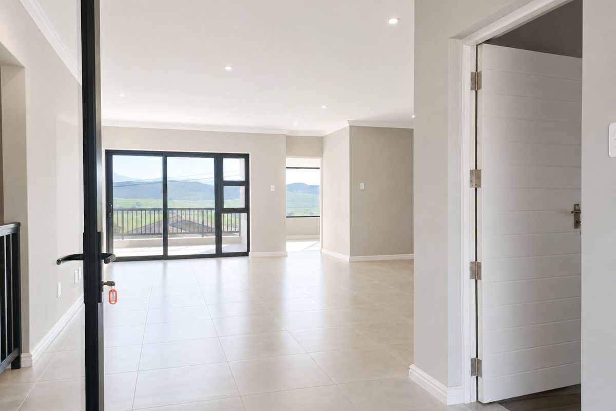 Spacious, modern open-plan living area featuring neutral tiled floors, recessed lighting, and large sliding doors leading to a balcony with scenic views.