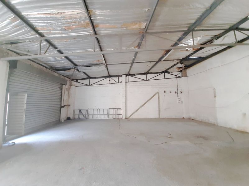 Spacious industrial utility area featuring concrete flooring, exposed steel roof trusses, and a large roller shutter door for easy access.