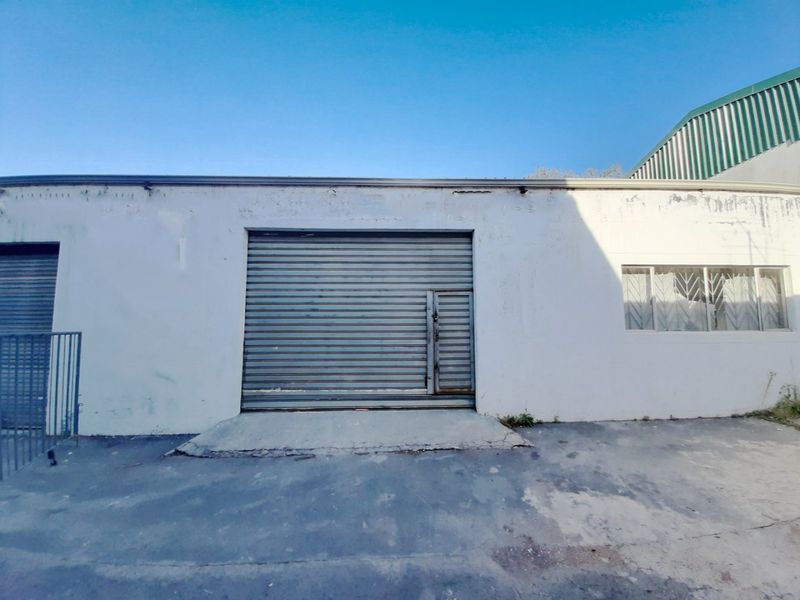 Industrial exterior facade featuring a large roller shutter door, security bars on windows, and a concrete driveway area.