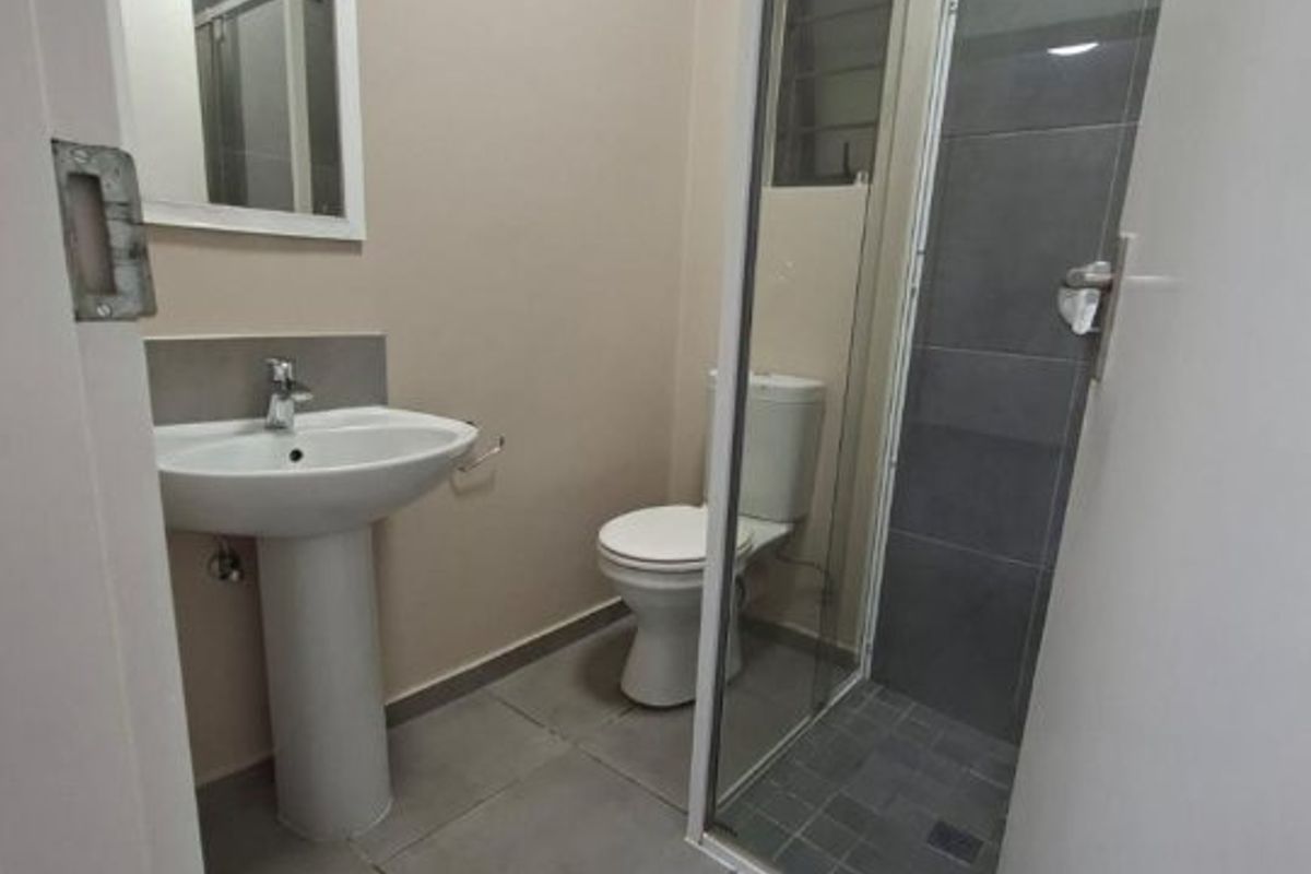 A clean, modern bathroom featuring a pedestal washbasin, a toilet, and a glass-enclosed shower with grey wall tiles.