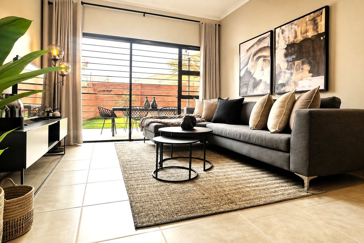 A well-lit living room featuring large sliding glass doors with security bars, providing direct access to the rear patio and garden area.