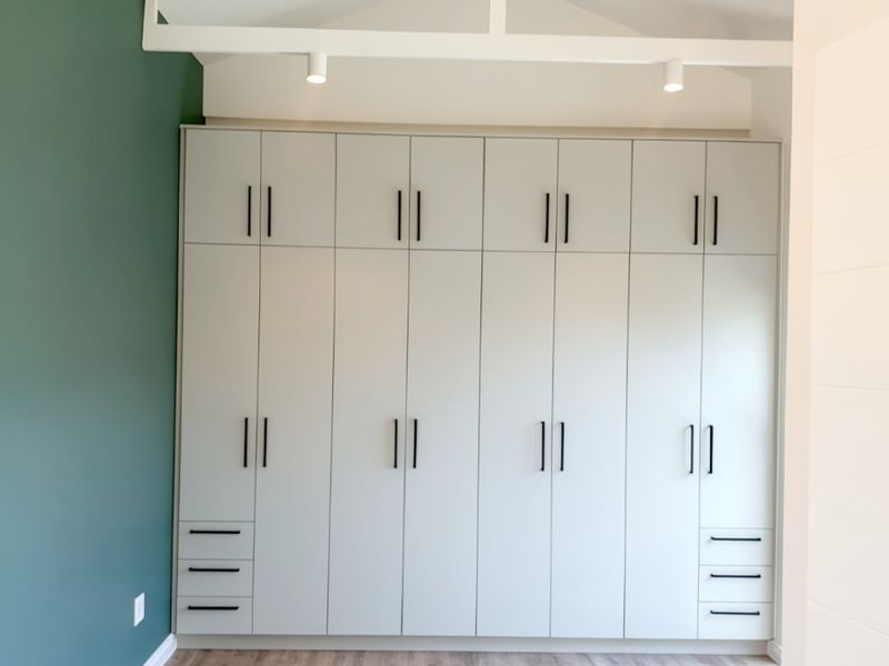 A bright bedroom featuring extensive floor-to-ceiling built-in cabinetry, vaulted ceilings with exposed rafters, and modern laminate flooring.