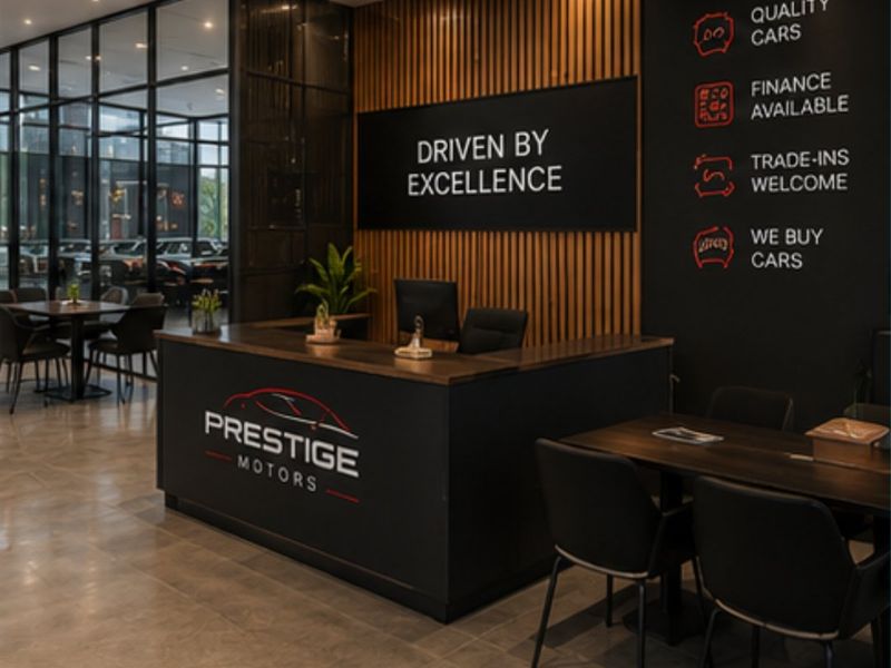 Modern commercial reception area featuring a branded desk, slatted timber feature wall, recessed lighting, and sleek glass partitions in a professional showroom setting.