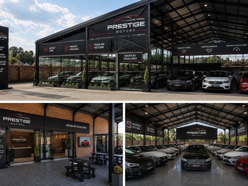 Modern commercial vehicle showroom featuring a steel-framed structure, extensive glass frontage, paved forecourt, and prominent branding signage.