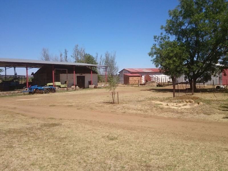 A view of the farm yard featuring multiple outbuildings, a large open-sided steel structure, and surrounding dirt grounds.