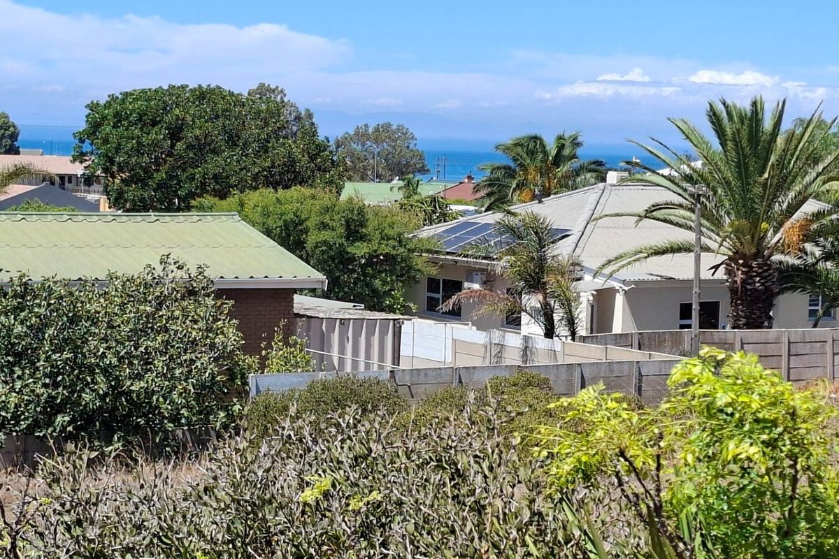 An elevated view of the surrounding residential neighborhood featuring mature trees, rooftops with solar panels, and a distant ocean horizon.