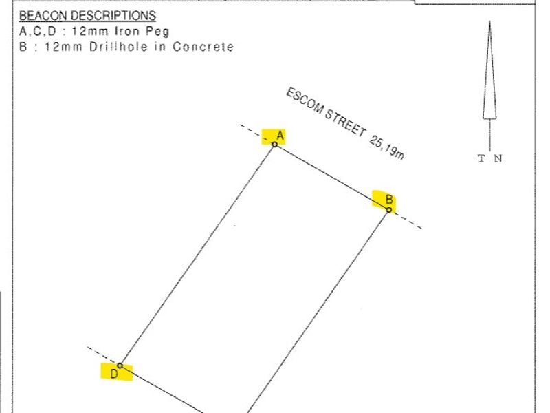 Official surveyor's diagram for the residential property, detailing boundary coordinates, beacon descriptions, and site dimensions.