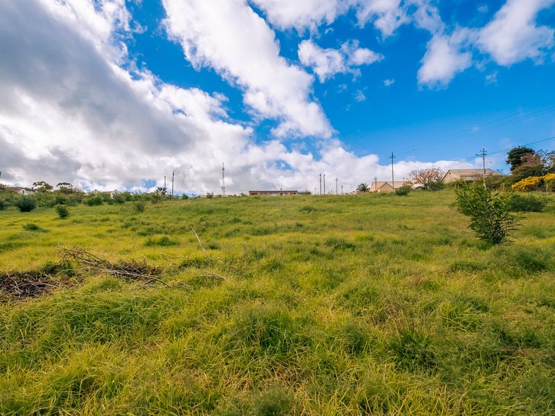 A wide-angle view of a vacant residential plot featuring open grassland and surrounding neighborhood infrastructure under a bright blue sky.