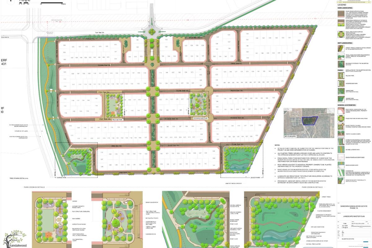 A comprehensive master plan layout for the Sandown Sandalwood Estate, detailing residential plots, road infrastructure, and planned park areas.
