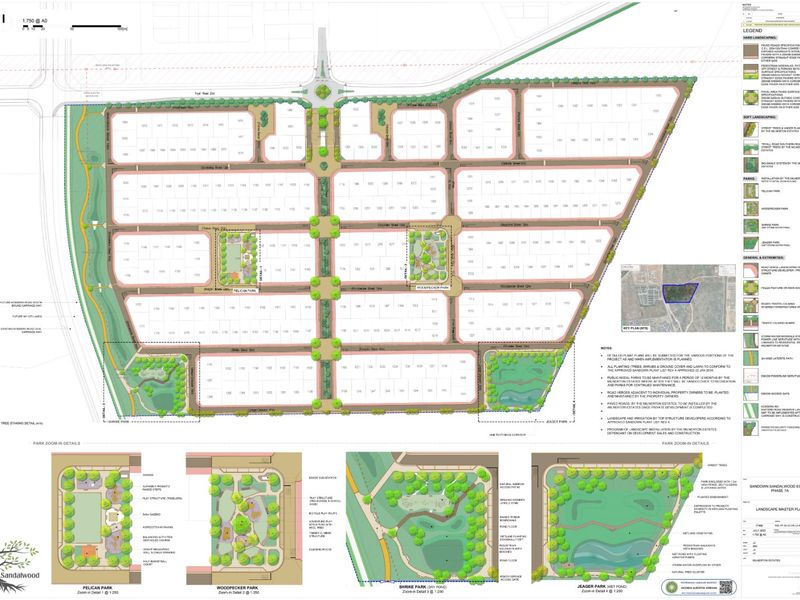 A comprehensive master plan layout for the Sandown Sandalwood Estate, detailing residential plots, road infrastructure, and planned park areas.