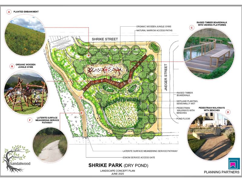 Landscape concept plan for Shrike Park, featuring a dry pond, timber boardwalks, pedestrian walkways, and recreational jungle gym areas.