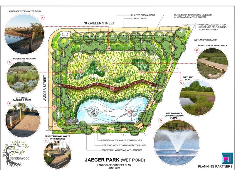 A landscape concept plan for Jaeger Park, featuring a wet pond with floating aerators, timber boardwalks, pedestrian walkways, and indigenous planting areas.