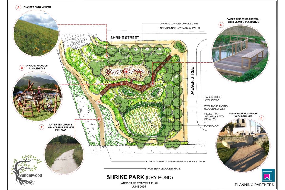 Landscape concept plan for Shrike Park, featuring a dry pond, timber boardwalks, pedestrian walkways, and recreational jungle gym areas.