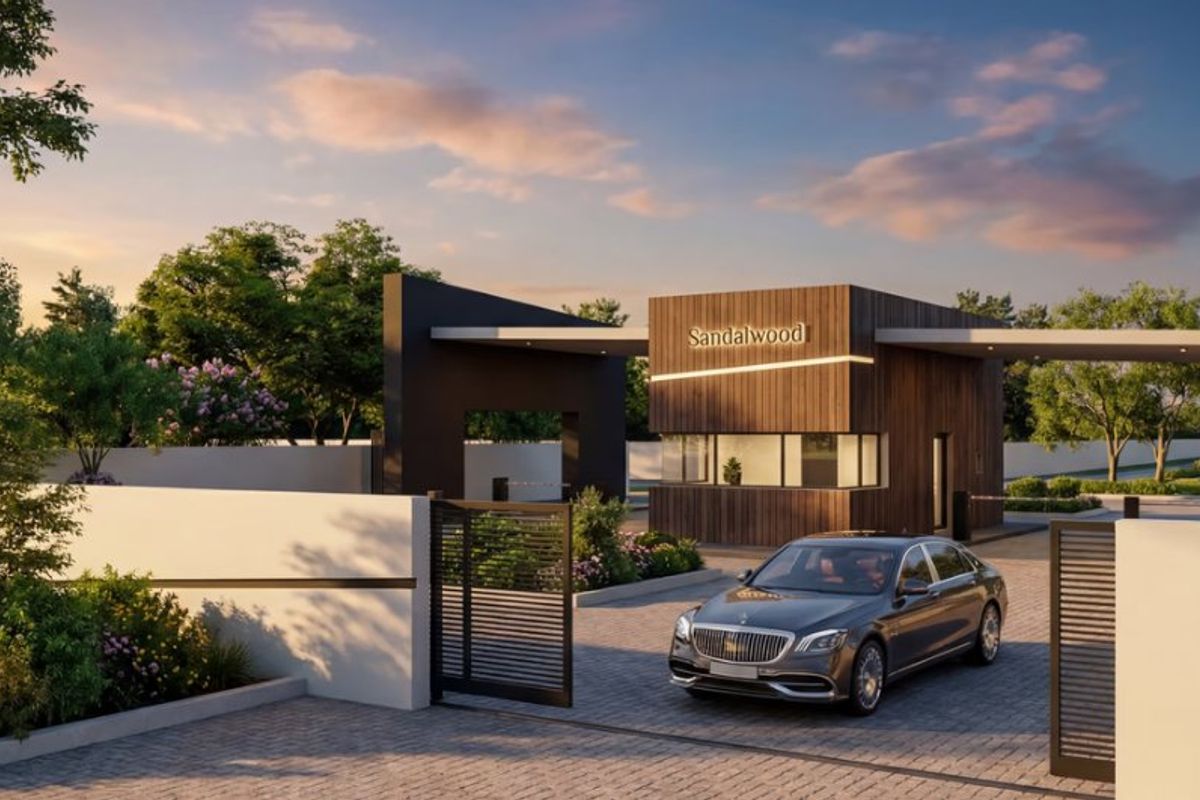 Modern residential estate entrance featuring a contemporary guard house, secure gated access, and professionally landscaped surroundings.