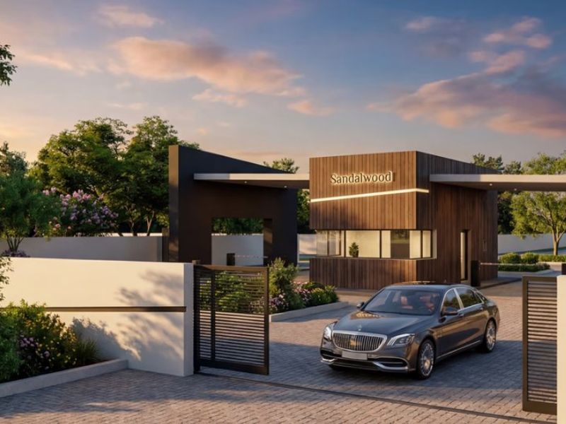 Modern residential estate entrance featuring a contemporary guard house, secure gated access, and professionally landscaped surroundings.