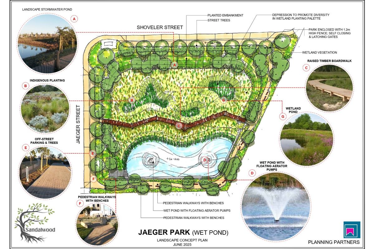A landscape concept plan for Jaeger Park, featuring a wet pond with floating aerators, timber boardwalks, pedestrian walkways, and indigenous planting areas.