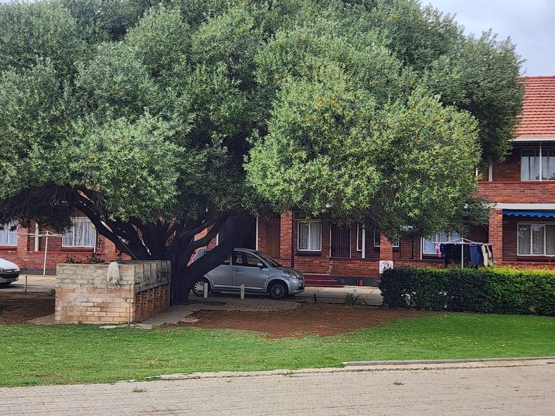 Front exterior view of a brick apartment building featuring a large mature tree, paved driveway, and a built-in brick braai area.