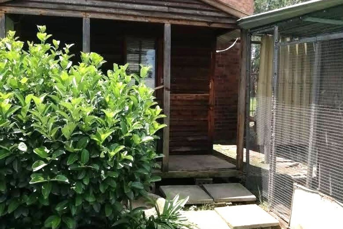A rustic timber-clad structure with a covered porch, situated adjacent to a large brick silo and a wire mesh enclosure in a garden setting.