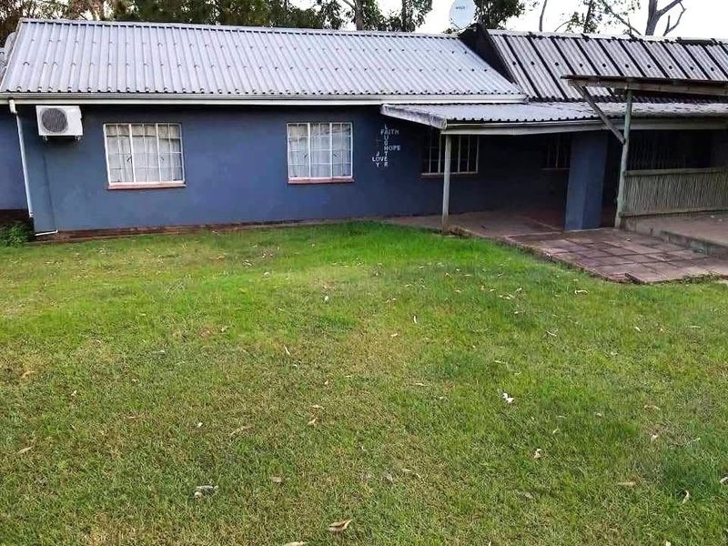 Rear view of the property featuring a corrugated metal roof, paved patio area, and established garden space.