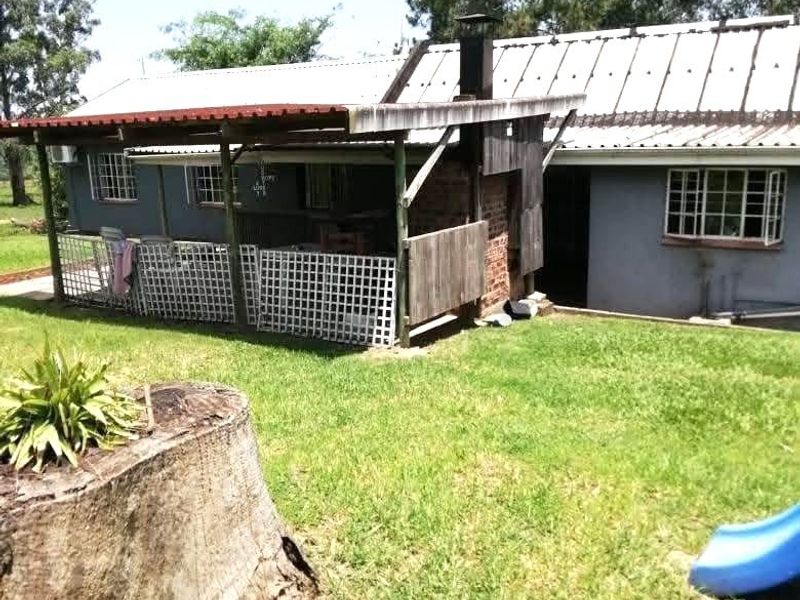 Rear view of the house featuring a covered patio area with a brick chimney and corrugated metal roofing, set within a spacious garden.