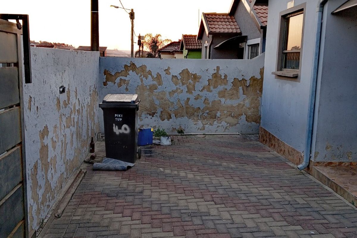 A rear exterior area featuring paved flooring and a boundary wall requiring maintenance due to significant paint and plaster deterioration.