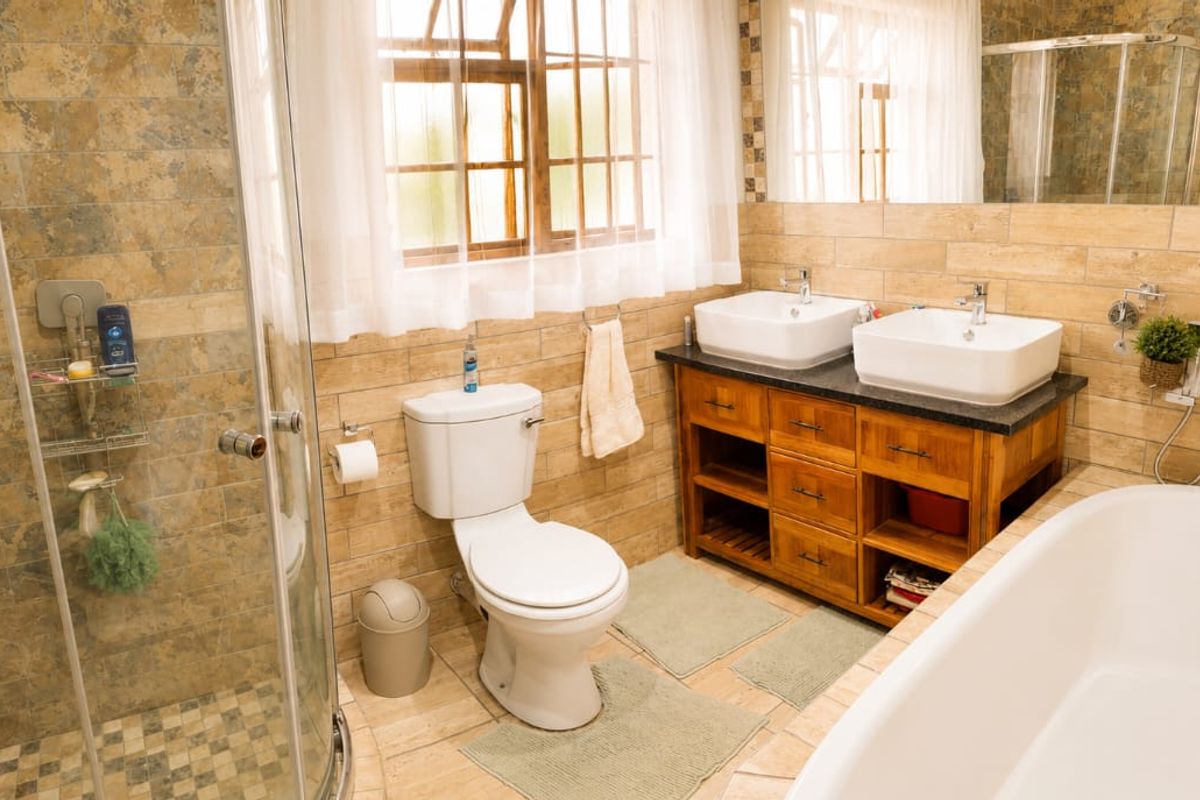 A well-appointed bathroom featuring a double vanity with wooden cabinetry, a separate glass shower enclosure, and a freestanding bathtub with neutral tile finishes.