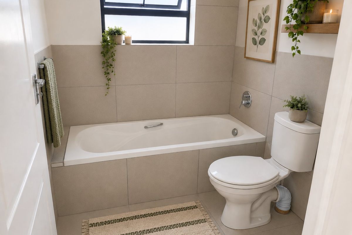 A clean and modern bathroom featuring a built-in bathtub, a standard toilet, and neutral wall and floor tiling with a top-hung window.